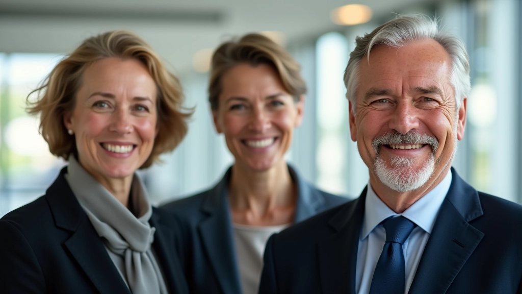 Trois personnes d'âges différents, vêtues professionnellement, portrait de la poitrine vers le haut, sourires confiants, environnement bureau lumineux, éclairage naturel, arrière-plan flou, SANS texte, SANS filigrane