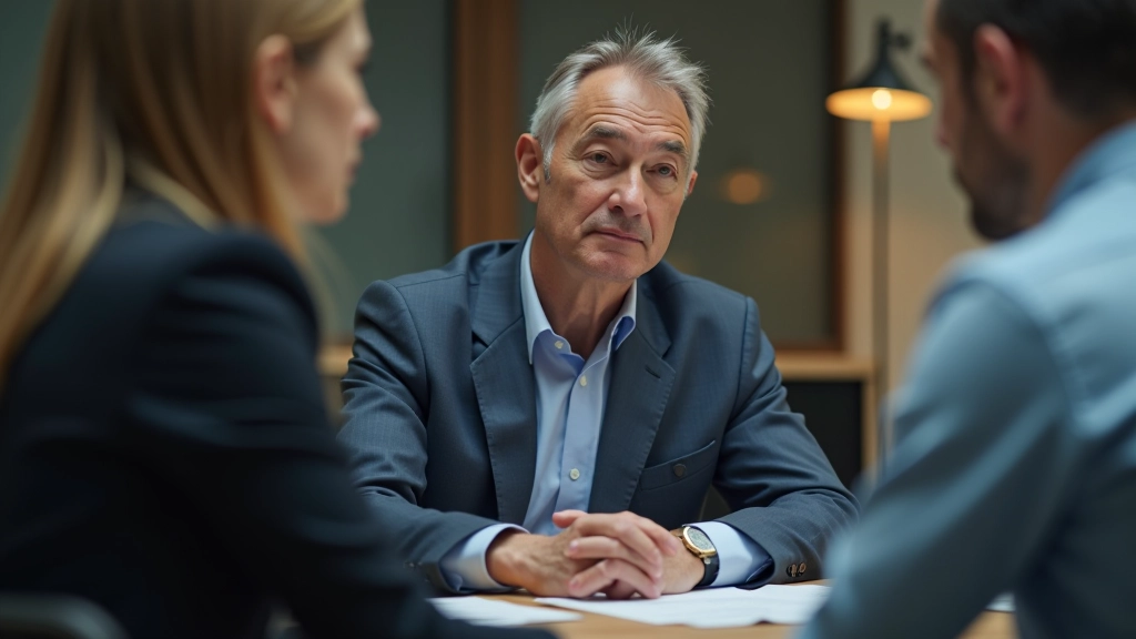 Homme d'âge moyen assis à un bureau face à un conseiller financier, examinant ensemble des documents de retraite