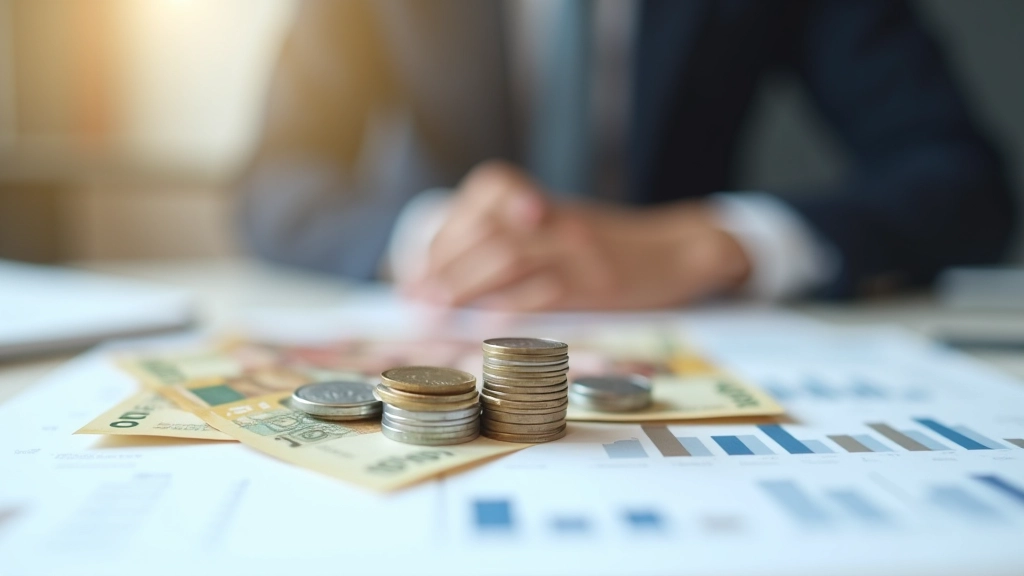 Pièces de monnaie et billet empilés sur une feuille de calcul montrant les tarifs de rachat de trimestres par année