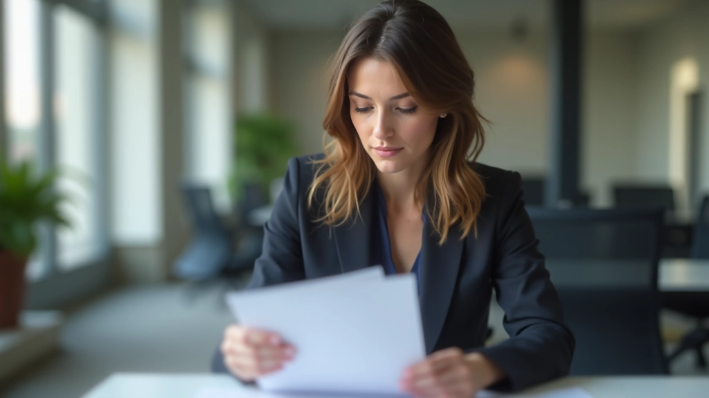 Femme d'âge moyen assise à un bureau, examinant des documents de retraite avec un stylo à la main, calculatrice à proximité