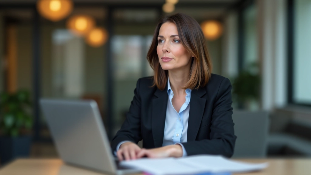 Femme au bureau consultant des documents de retraite sur son ordinateur portable