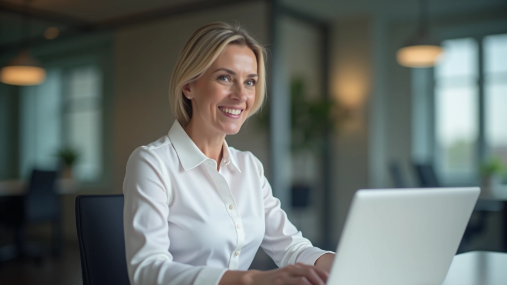 Femme de 55 ans entièrement vêtue d'une blouse professionnelle, portrait à mi-corps, position assise à un bureau avec ordinateur portable, éclairage de bureau professionnel, arrière-plan de bureau flou, SANS texte, SANS filigrane