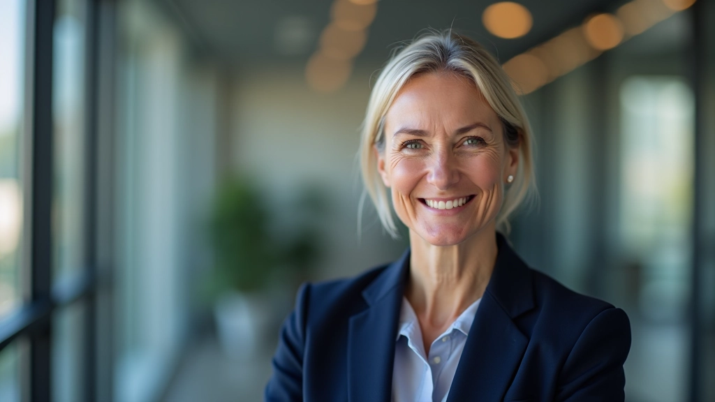 Personne âgée de 60 ans entièrement vêtue d'un costume professionnel, portrait à mi-corps, sourire confiant, environnement bureau moderne, éclairage naturel, arrière-plan flou, SANS texte, SANS filigrane